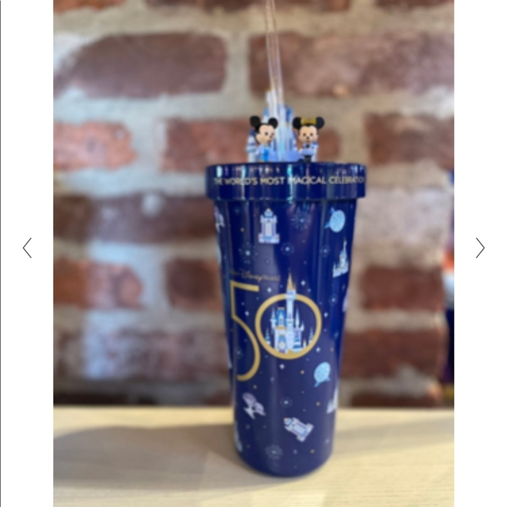 Walt Disney World 50th Mickey and Minnie Mouse Tumbler with straw.
